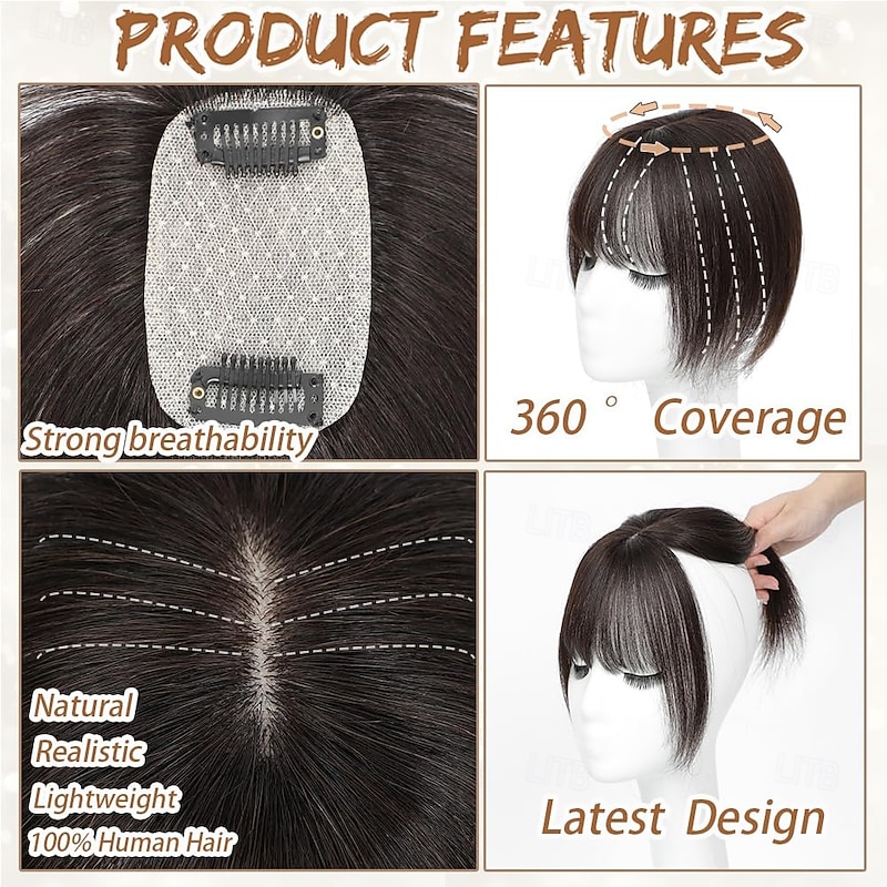 Hair Toppers for Women Real Human Hair, 5*9CM Bangs Hair Clip 3D Cover Wipsy Human Hair Topper with Bangs, Human Hair Toppers for Women Daily Dark Brown2