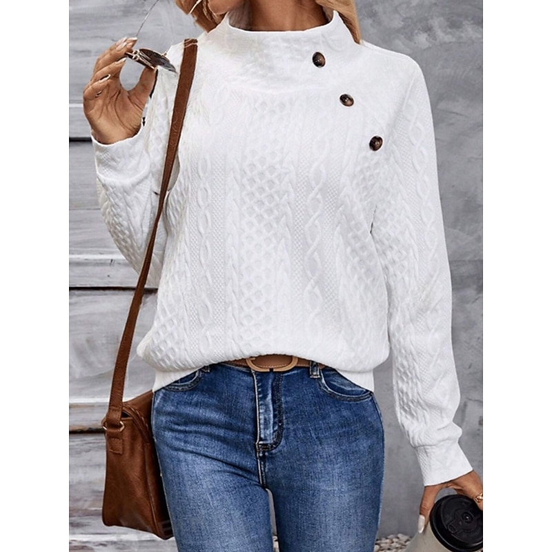 Women's Sweatshirt Casual Textured Plain Street Dailywear Crew Neck Buttons Long Sleeve White Fall Winter
