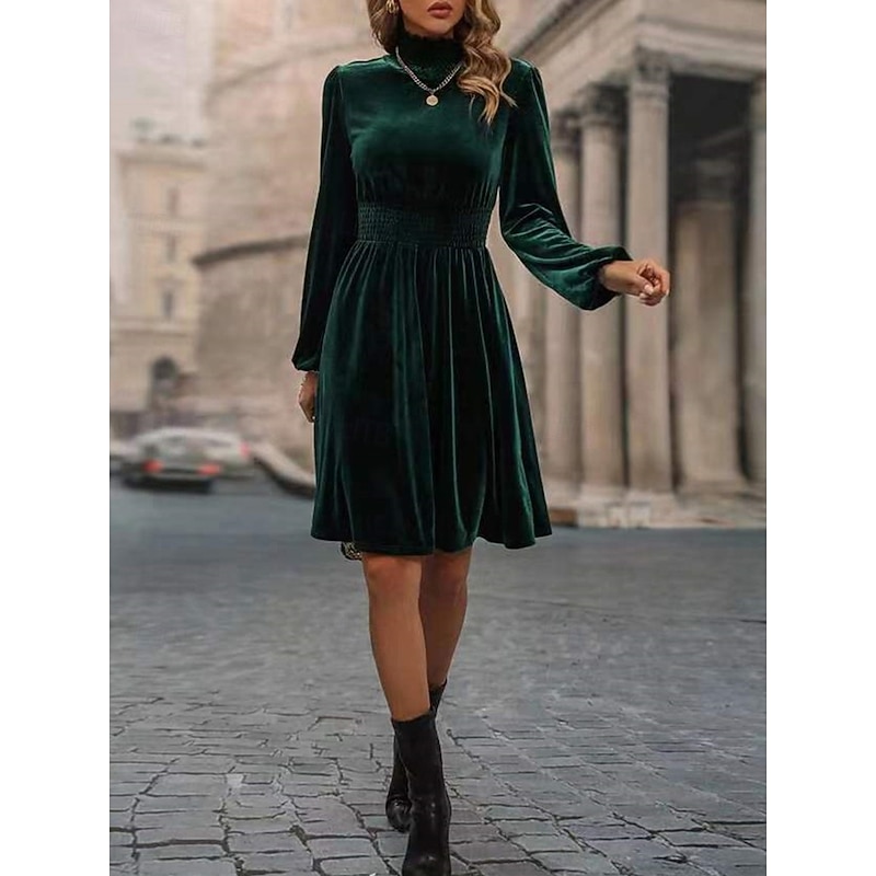 Women's Velvet Dress High Neck Long Sleeve Cinched Waistline Elegant Green Knee-Length Festive Party Wear Winter Clothing Apparel3