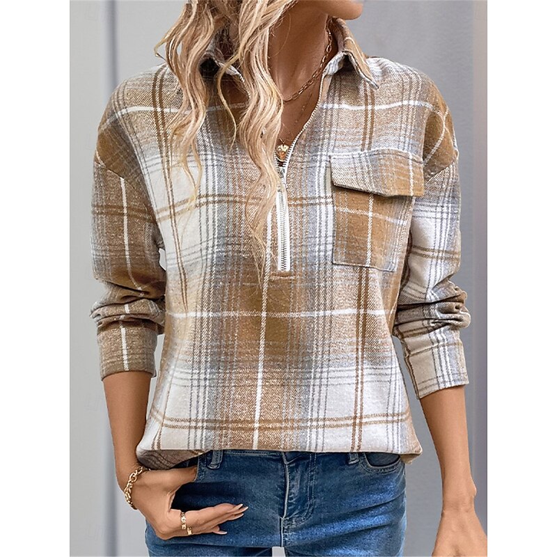 Women's Shirt Blouse Plaid Basic Casual Long Sleeve Shirt Collar Regular Tops Daily Zipper Print Khaki Fall Winter4