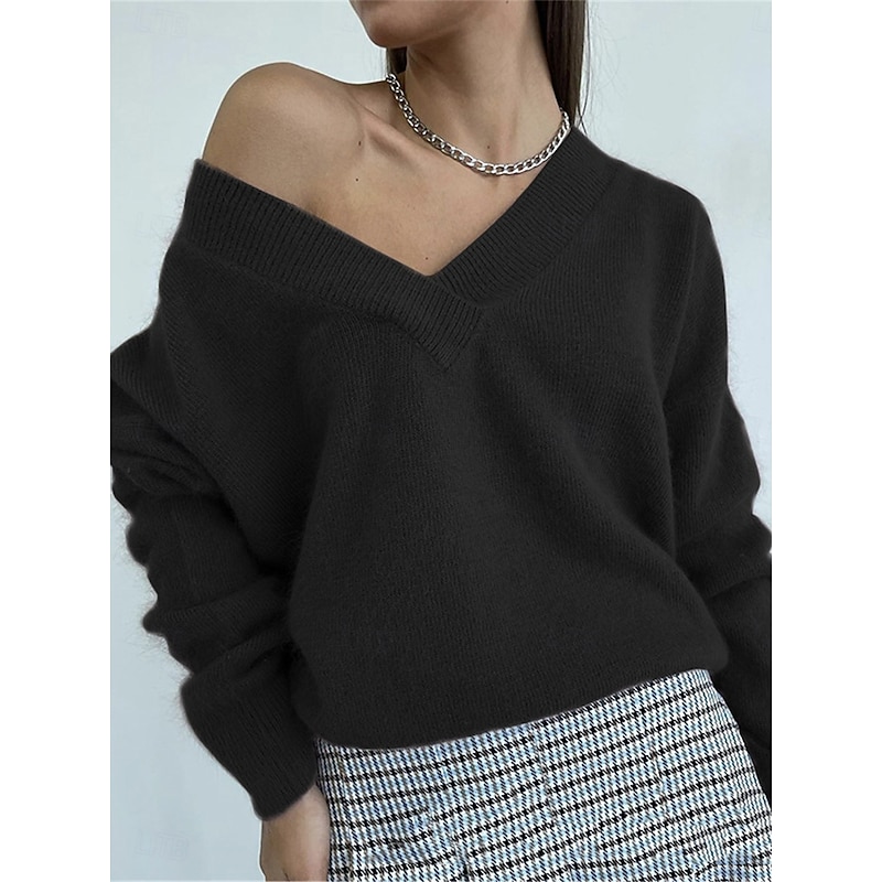 Women's Sweater Pullover Sweater Jumper Casual Soft Pure Color Ribbed V Neck Knitted Long Sleeve Regular Tops Knit Outdoor Daily Weekend Black Orange Fall Winter2