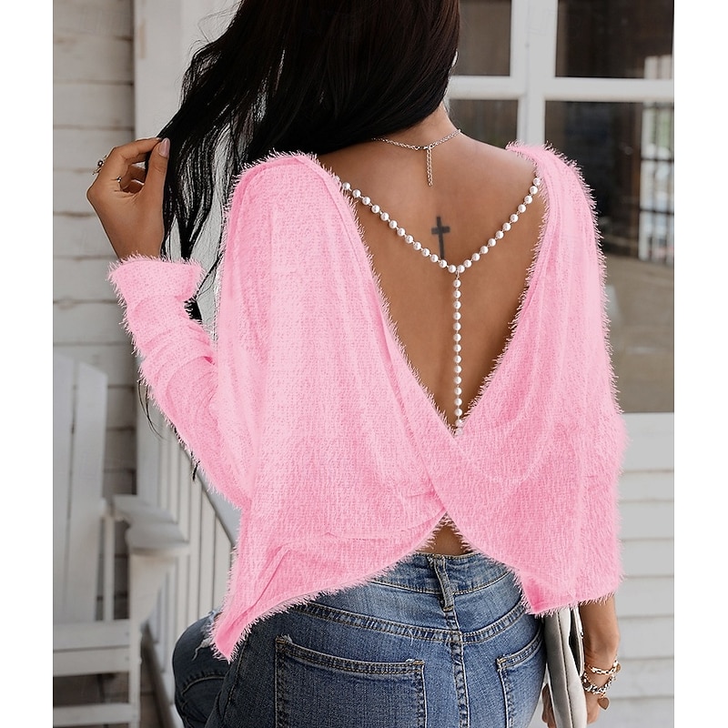 Women's Shirt Blouse Solid Color Casual Long Sleeve Crew Neck Regular Tops Daily Patchwork Pink Fall Winter