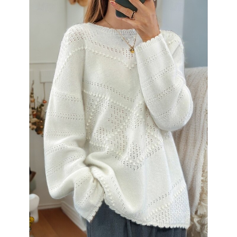 Women's Sweater Pullover Sweater Jumper Crew Neck Knit Hollow Out Crewneck Knitted Drop Shoulder Spring Fall Home Daily Holiday Daily Stylish Soft Long Sleeve Pure Color White Pink4