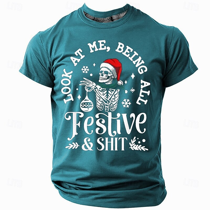 Christmas Men's Funny Christmas 3D T-shirts Cool Skulls Hat Casual Street Style 3D Print Tee Sports Outdoor Holiday Red Blue Green Short Sleeve Crew Neck Spring & Summer Clothing Apparel