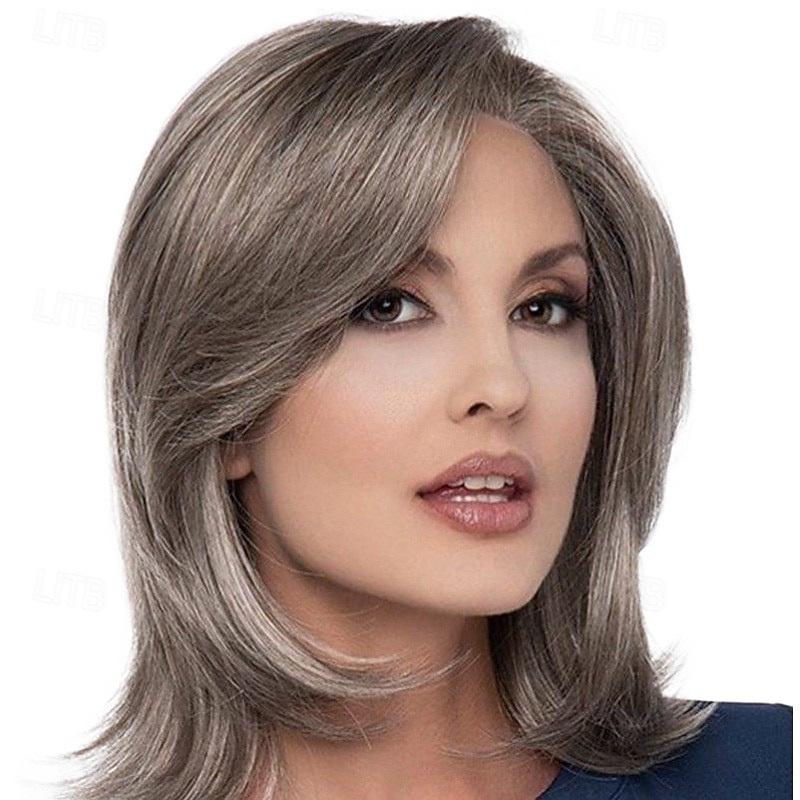 Short Drak Gray Straight Wigs for Women Natural Layered Curly Bob Wigs Side Part Synthetic Hair Wigs for Daily Halloween Party