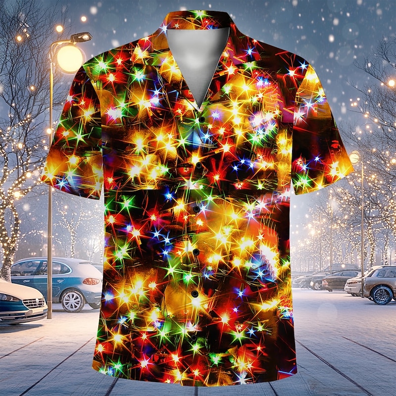 Christmas Men's Sparkly Glittery Shirt Short Sleeve Casual Resort Daily Holiday New Year Eve Summer Cuban Collar Print Button-Down Light Blue Pink Blue Green Dark Blue