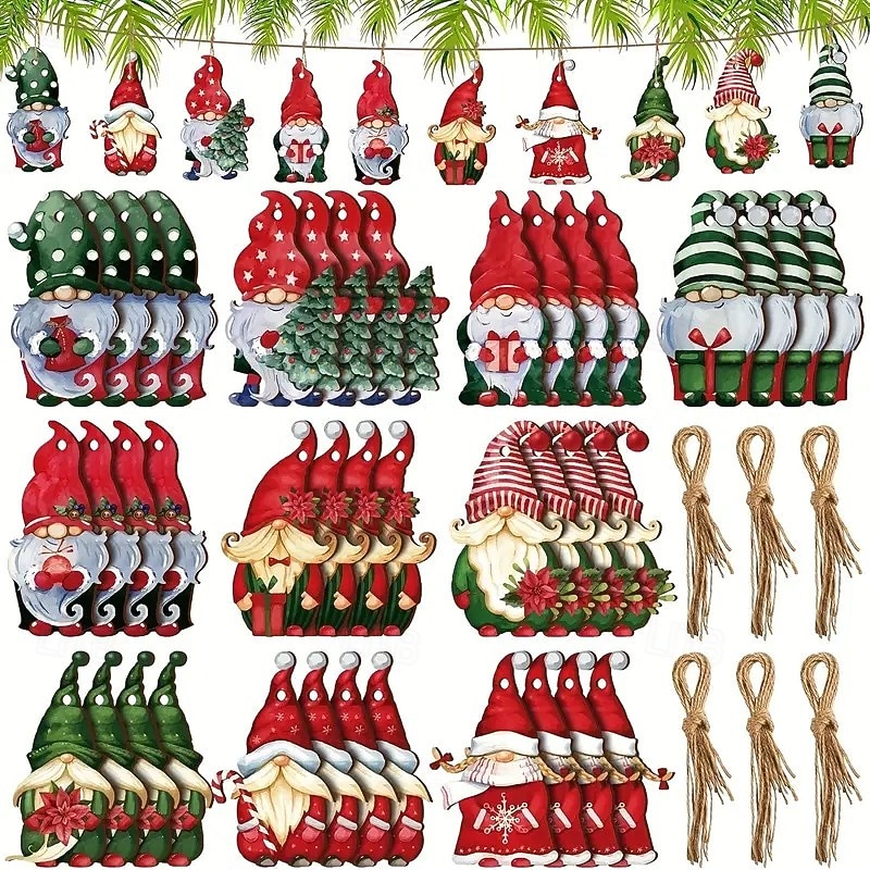 30pcs Vintage Gnome Wooden Ornaments Set - Handmade Christmas Elf and Santa Figurines, Wooden Hanging Crafts for Xmas Tree, Holiday Party Decor