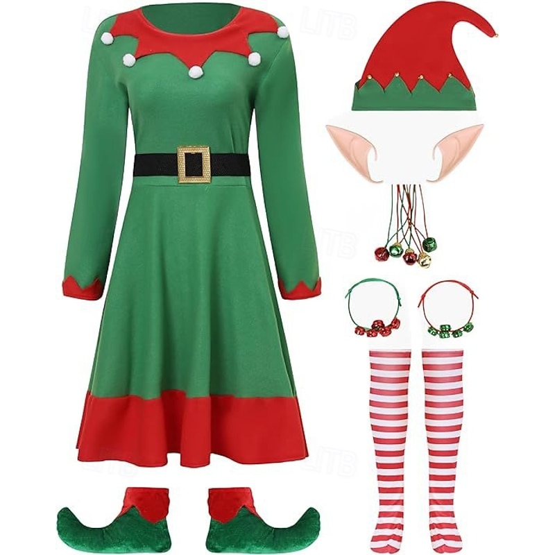 Elf Fancy Christmas Dress Sexy Christmas Costumes Women's Christmas Adults Christmas New Year Christmas Eve Christmas Party Dress Socks Shoes Hat