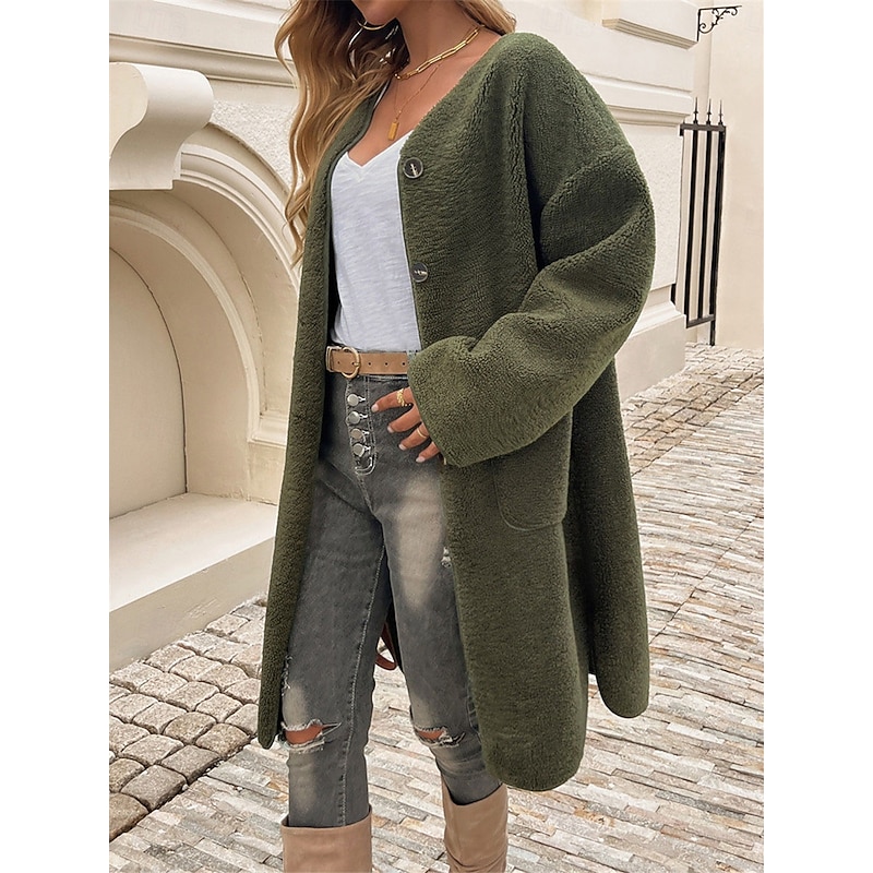Women's Winter Coat Outdoor Street Daily Wear Fall Winter Long Coat Regular Fit Thermal Warm Breathable Stylish Casual Jacket Long Sleeve Plain with Pockets Army Green Khaki Apricot4
