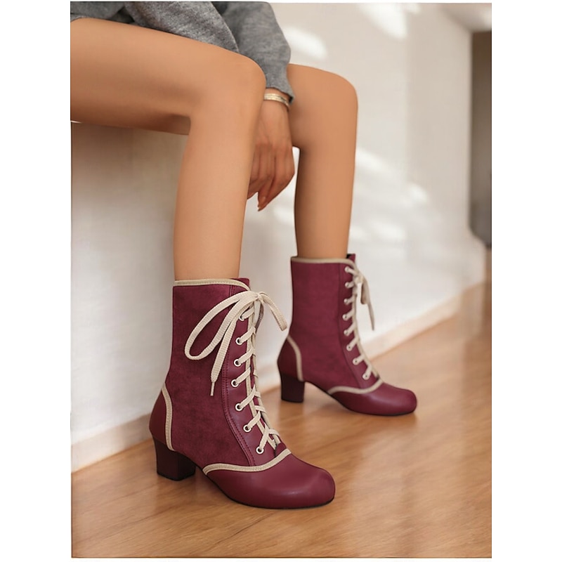 Women's Vintage Lace-Up Mid Heel Boots in Teal with Faux Suede and Faux Leather Panels – Ideal for Retro-Inspired Fashion, Cosplay, or Victorian-Style Costumes