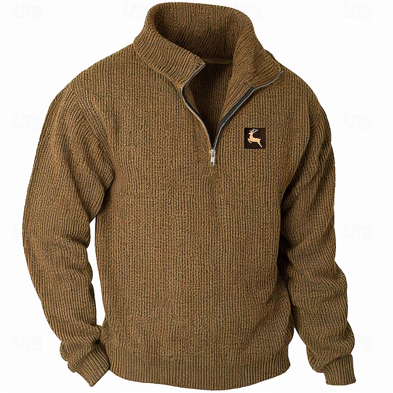 Men's Reindeer Deer Pullover Sweater Jumper Zip Sweater Polo Sweater Zip Collar Retro Vintage Casual Party Evening Wear Daily Embroidered Knitting Warm Long Sleeve Fall Winter Army Green Khaki