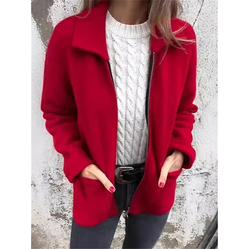 Women's Winter Jacket Outdoor Street Daily Wear Fall Winter Short Coat Regular Fit Thermal Warm Breathable Stylish Casual Jacket Long Sleeve Plain with Pockets Full Zip Black Red Apricot