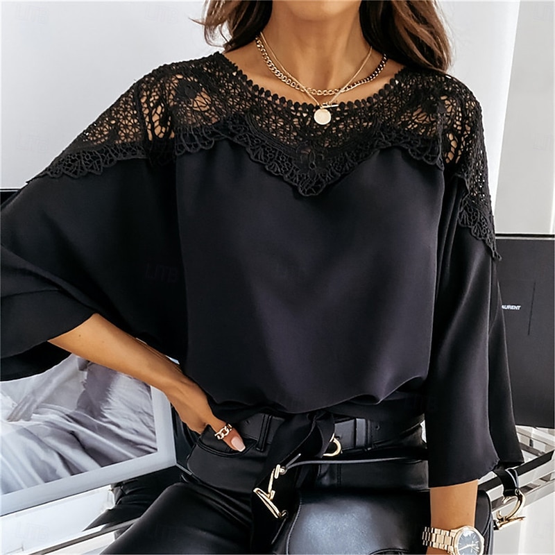 Women's Shirt Blouse Solid Color Basic Casual Long Sleeve Batwing Sleeve Crew Neck Regular Tops Daily Lace Patchwork Black White Fall Winter3