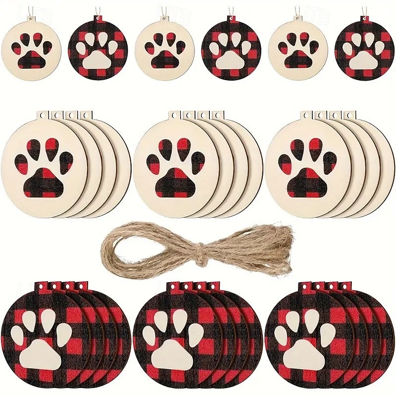 30pcs Christmas Wooden Ornaments, Xmas Tree Pendant Decoration - Buffalo Check Dog Cat Paw Print Design with Hanging String, Red and Black