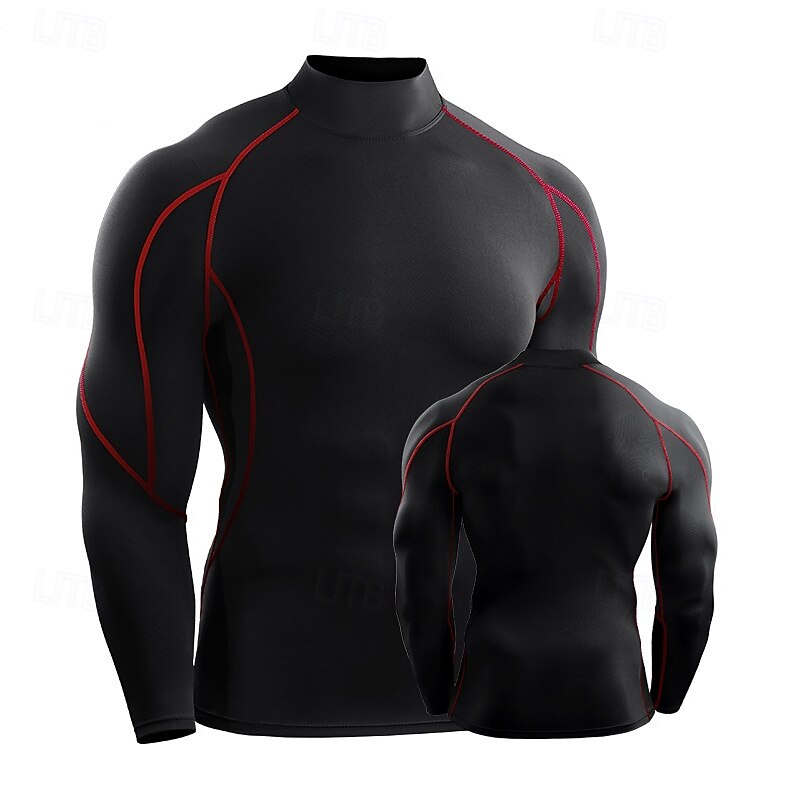 Men's Running T-Shirt Long Sleeve Tee Tshirt Casual Athleisure Fall High Neck Solid Colored Quick Dry Breathable Gym Workout Walking Jogging Sportswear Activewear Black White Red3