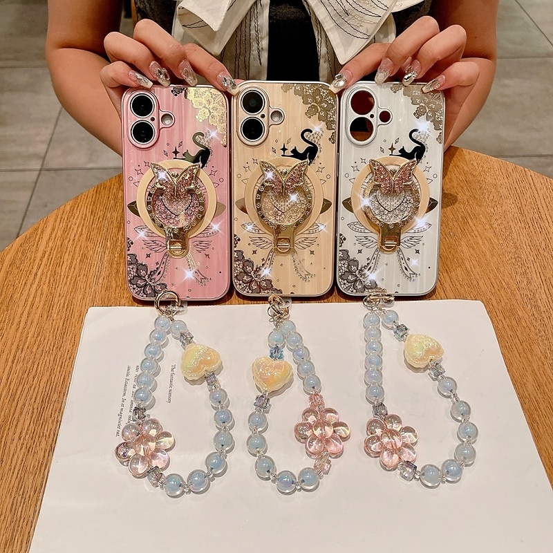 Phone Case For iPhone 16 15 14 Pro Max Plus 13 Pro Max Back Cover with Stand Holder Magnetic Support Wireless Charging Retro TPU PC