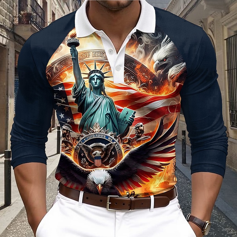 Christmas Men's USA Statue Of Liberty Polo Shirts Golf Polos Shirts Long Sleeve Polo Shirts Collar Casual Vacation Street Dailywear 3D Print Buttons Spring & Summer Dark Blue2