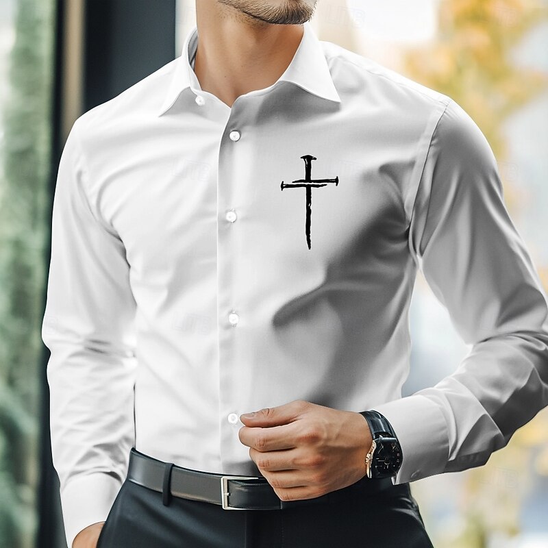 Men's Dress Shirt Button Up Shirt Cross Formal Business Black White Blue Brown Long Sleeve Shirt Collar Fall Winter Clothing Apparel Button Up