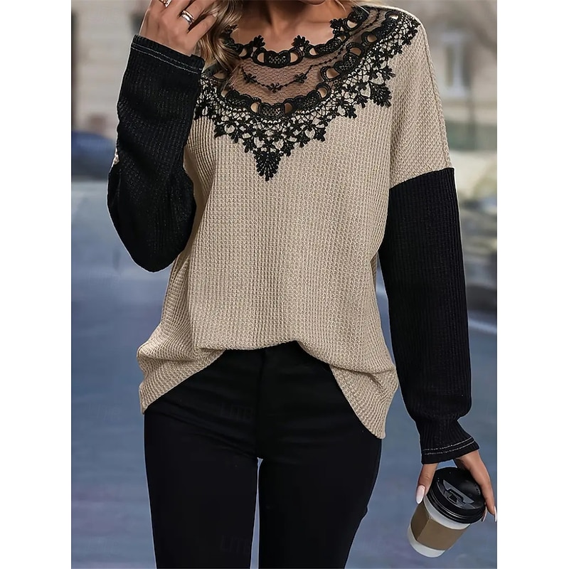 Women's Elegant Lace Tops Eyelet Blouse Fashion Modern Casual Plain Regular Tops Long Sleeve Crew Neck Regular Fit Daily Weekend Romantic Petite Tops Summer Holiday Wear Khaki Fall Winter4