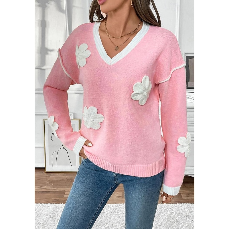 Women's Sweater Crew Neck Knit Embroidery Spring Fall Elegant 3/4 Length Sleeve Solid Color Pink3