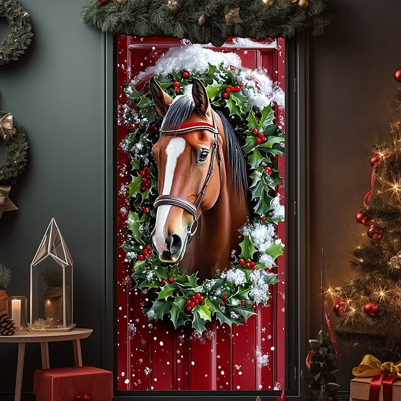 Christmas Door Decorations Door Covers Xmas Wreath Door Tapestry Door Curtain Decoration Backdrop Indoor/Outdoor Door Banner for Front Door Farmhouse Animal Horse4