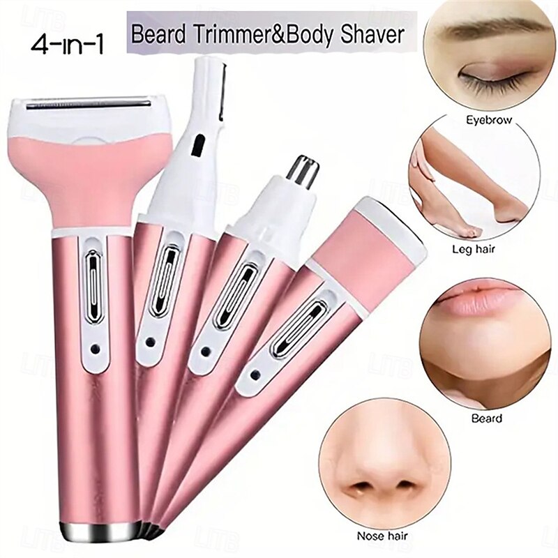 4-In-1 Women's Hair Removal Kit USB Rechargeable Electric Shaver Beard Trimmer and Beard Trimmer with Eyebrow and Nose Accessories Wet and Dry