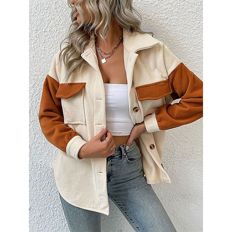 Women's Coat Outdoor Street Daily Wear Fall Winter Regular Coat Regular Fit Thermal Warm Breathable Stylish Casual Jacket Long Sleeve Plain with Pockets Apricot