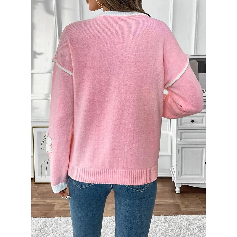 Women's Sweater Crew Neck Knit Embroidery Spring Fall Elegant 3/4 Length Sleeve Solid Color Pink2