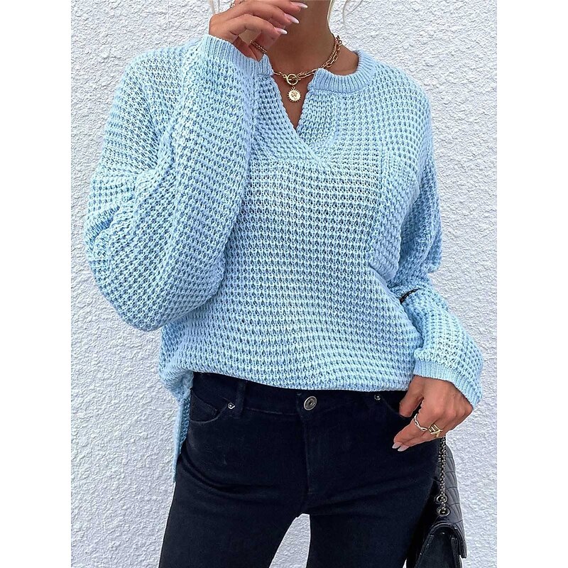 Women's Sweater Pullover Sweater Jumper Casual Soft Pure Color Ribbed V Neck Knitted Long Sleeve Regular Tops Knit Outdoor Daily Weekend Blue Beige Fall Winter2
