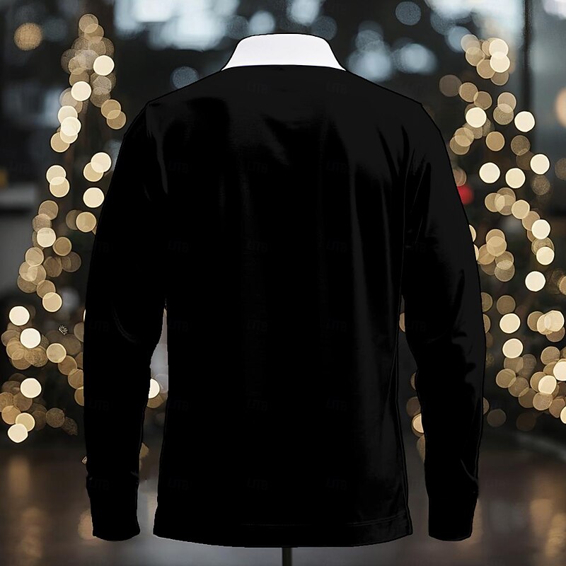 Christmas Men's Santa Claus Polo Shirts Golf Polos Shirts Long Sleeve Polo Shirts Collar Casual Vacation Event / Party Dailywear 3D Print Buttons Spring Fall & Winter Black3