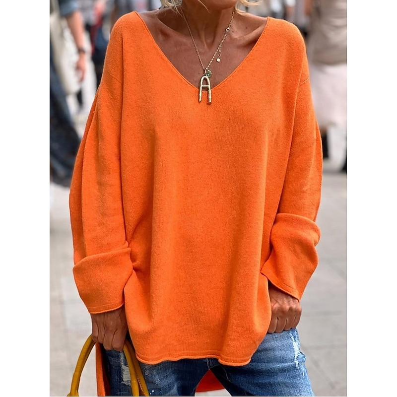 Women's Sweater Fashion Streetwear Daily Solid Color V Neck Knitted Long Sleeve Long Tops Knit Outdoor Going out Orange Fall Winter