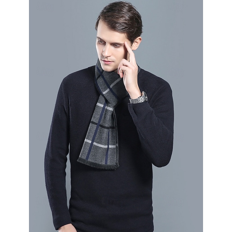 Men's Classic Plaid Winter Scarf – Soft Faux Wool Polyester Checkered Pattern for Warmth and Style, Perfect for Casual or Business Wear2