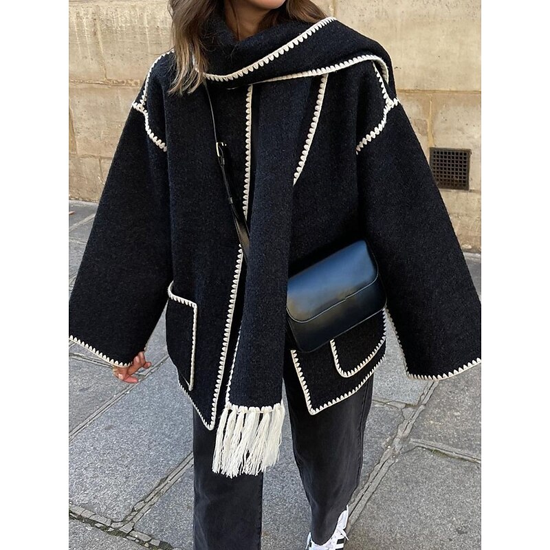 Women's Winter Coat Outdoor Street Daily Wear Fall Winter Regular Coat Regular Fit Thermal Warm Breathable Stylish Casual Jacket Long Sleeve Plain Tassel Fringe with Pockets Black White Khaki2