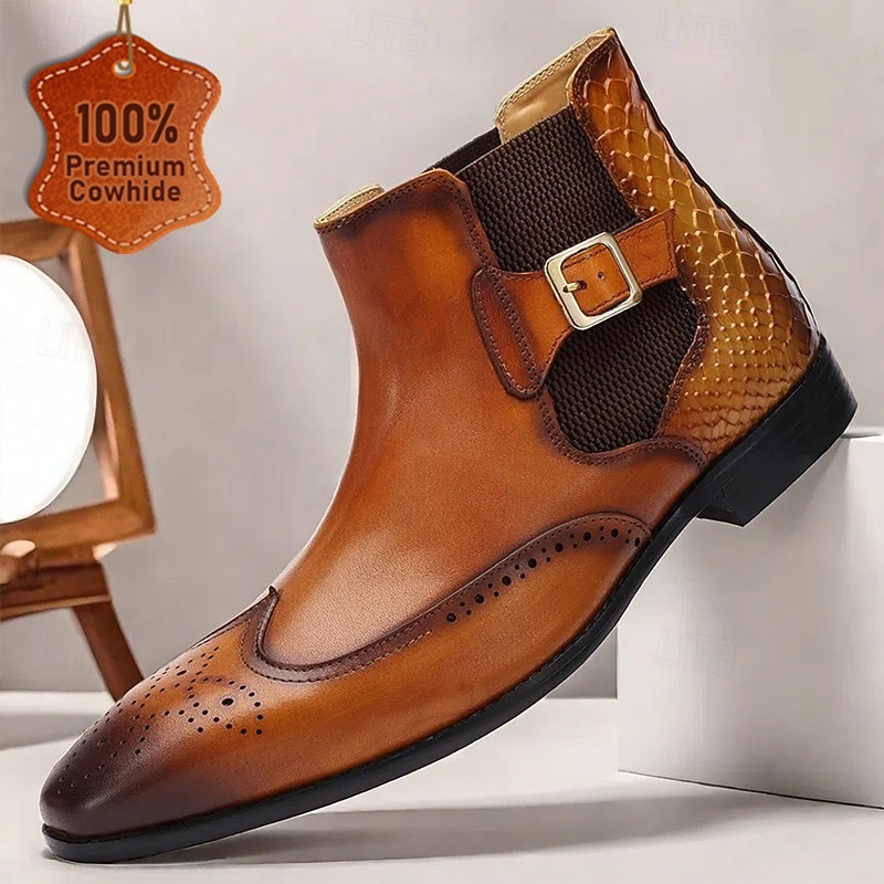 Men's Brown Ankle Boots with Brogue Detailing & Snakeskin Accent - Premium Cowhide Leather Dress Boots for Formal & Casual Wear