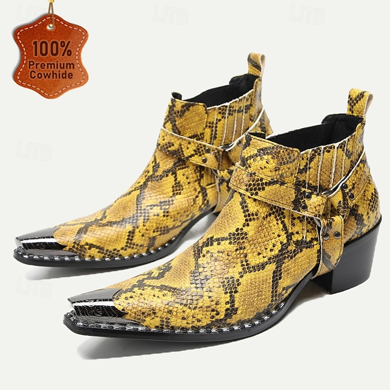Men's Yellow Snakeskin Leather Motorcycle Boots–Western Style Pointed Toe Ankle Boots with Gold Tip Buckle Straps for Bold Fashion Statements