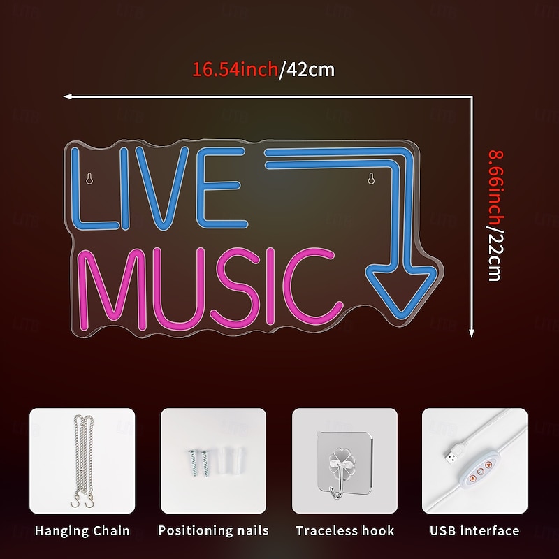 Live Music Neon Sign LED, Large Blue & Pink Neon Light for Studio, Bar, Bedroom, Party, Club Wall Decor-USB Powered3