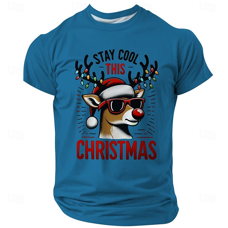 Christmas Men's Hat Deer T Shirt Short Sleeve T shirt 3D Print Crew Neck Shirt Retro Vintage Casual Street Style Christmas Sports Outdoor Holiday Yellow Blue Green Spring & Summer Clothing Apparel S4