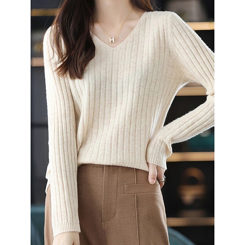 Women's Sweater Pullover Sweater Jumper Casual Soft Pure Color Ribbed V Neck Knitted Long Sleeve Regular Tops Knit Outdoor Daily Weekend White Yellow Fall Winter2