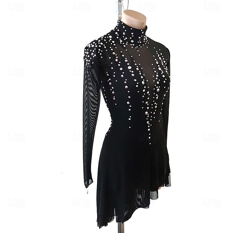 Figure Skating Dress Black Turtleneck Big Open Back Mesh Group Girls Competition Performance3