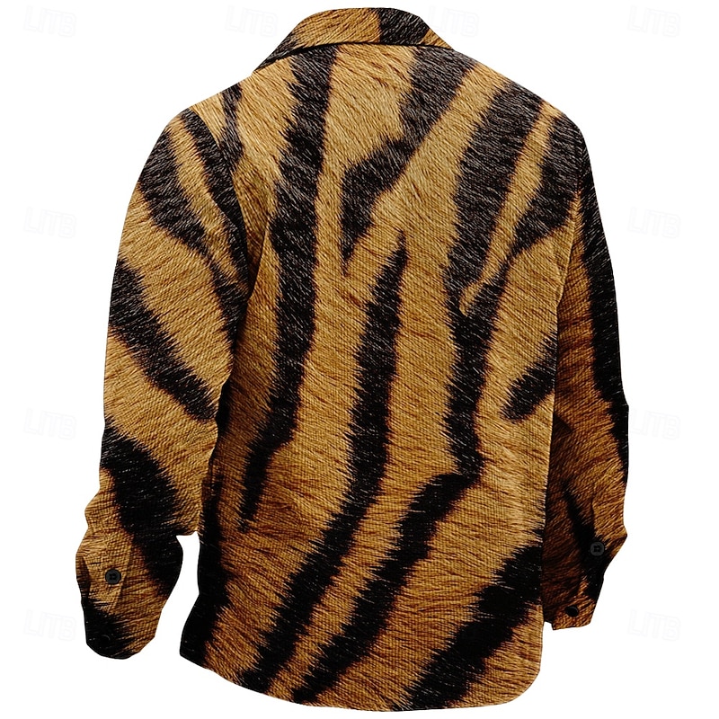 Men's Tiger Skin Corduroy Shirt Shirt Jacket Overshirt Long Sleeve Vintage Tribal Outdoor Dailywear Fall & Winter Turndown Collared Shirts Buttons 3D Print 2 Pockets 1pc Brown2