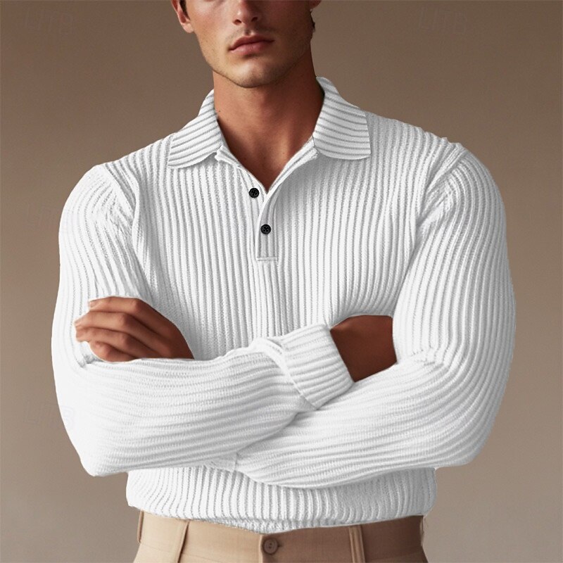Men's Polo Shirts Muscle Shirt Formal Work Ribbed Polo Collar Long Sleeve Warm Basic Solid Color Buttons Spring Fall Slim Fit Black White Yellow Navy Blue Green Light Grey Polo Shirts