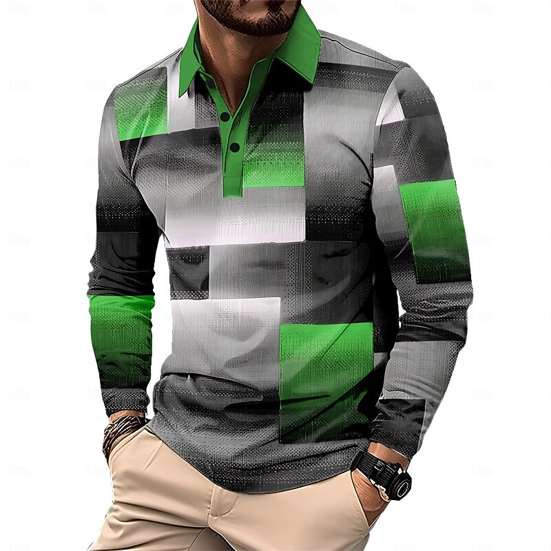 Men's Plaid Polo Shirts Golf Polos Shirts Long Sleeve Polo Shirts Collar Business Casual Formal Vacation Dailywear Outdoor clothing 3D Print Buttons Spring Fall & Winter Black Yellow Red4
