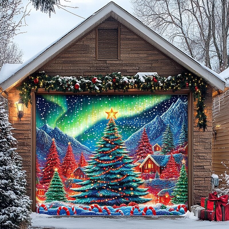 Christmas Door Decorations Outdoor Garage Door Cover Xmas Tree Banner Farmhouse Large Christmas Backdrop for Holiday Outdoor Garage Door Home Wall Decorations 15