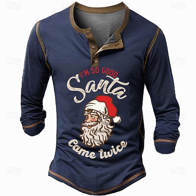 Christmas Men's Funny Christmas Henley T Shirt Santa Claus Fashion Designer Cowboy 3D Print Henley Casual Holiday Festival Dark Brown Black Navy Blue Long Sleeve Henley Summer Spring Fall Clothing3