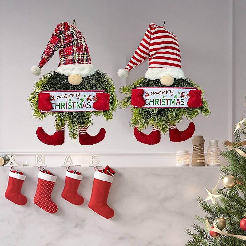 Christmas Gnome Wreath for Front Door Outdoor Door Winter Wreath Sign, Decorative Elf Hanging Ornament for Front Door, Festive Wall Decor for Holiday Season, Indoor Christmas Wreath2