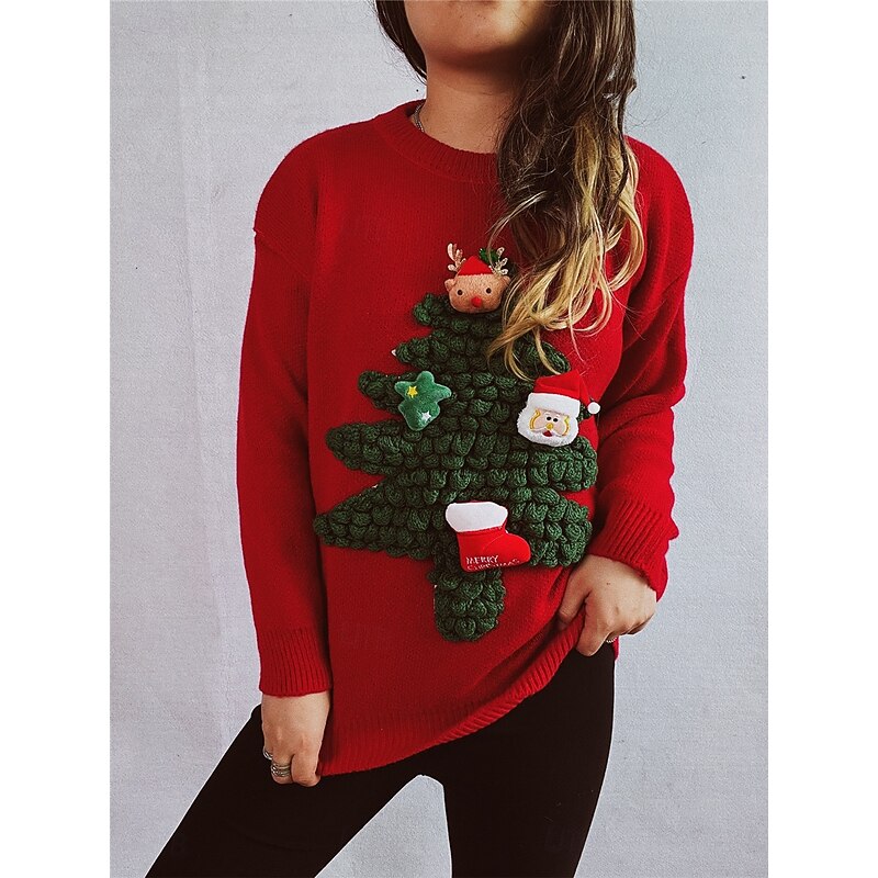 Women's Ugly Sweater Sweaters Crew Neck Ribbed Knit Knitted Fall Winter Outdoor Casual Soft Long Sleeve Tree Black Red