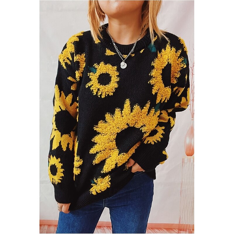 Women's Sweater Pullover Sweater Jumper Casual Soft Floral Ribbed Crew Neck Knitted Long Sleeve Regular Tops Knit Outdoor Daily Weekend Black Blue Fall Winter