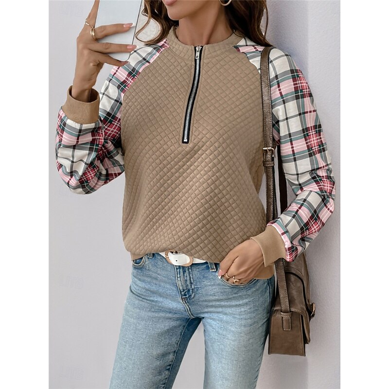 Women's Sweatshirt Casual Plaid Street Dailywear Crew Neck Zipper Print Long Sleeve Khaki Fall Winter4