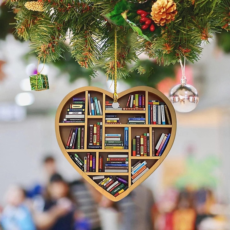 5pcs Christmas Book Lover's Heart Ornament Xmas Acrylic Tree Ornament Gift for Her Librarian Vintage Book