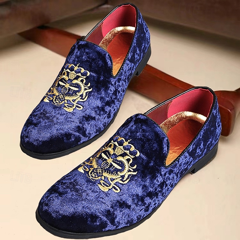 Men's Navy Blue Velvet Loafers with Gold Embroidery - Elegant Slip-On Shoes for Formal Events & Parties2
